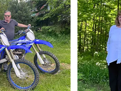 Jason Mahon with his son and motorbikes (left image) and Joan Harvey with her husband and dog(right image)