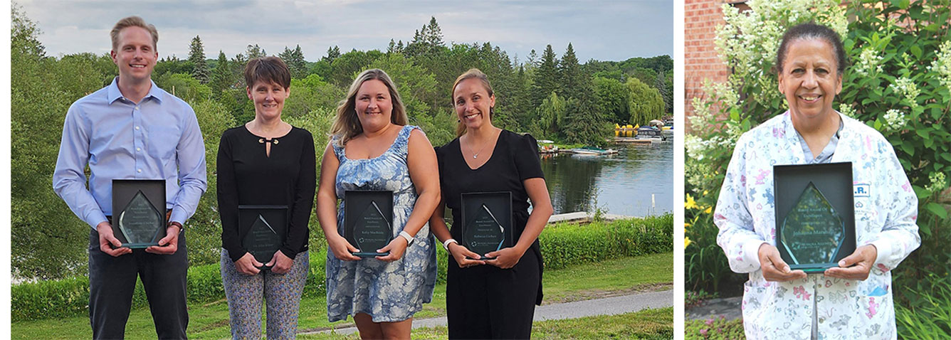 Board Award of Excellence recipients Jonathan Clarke, Registered Respiratory Therapist; Lisa Allen, Research Coordinator; Kelly MacBride, Registered Nurse, Surgical Services Clinical Leader; Rebecca Liebau, Manager of Emergency Services & Patient Flow; and Johanna Marshall, Environmental Services Aide.