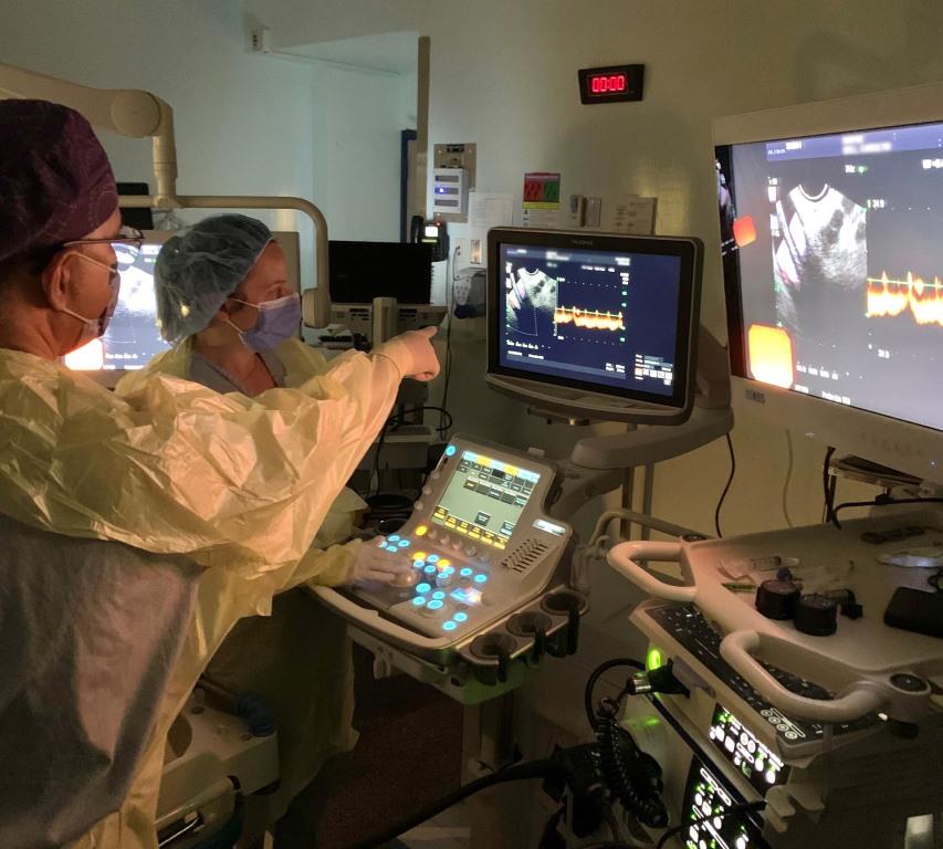 Surgeon pointing at a monitor in the Operating Room.