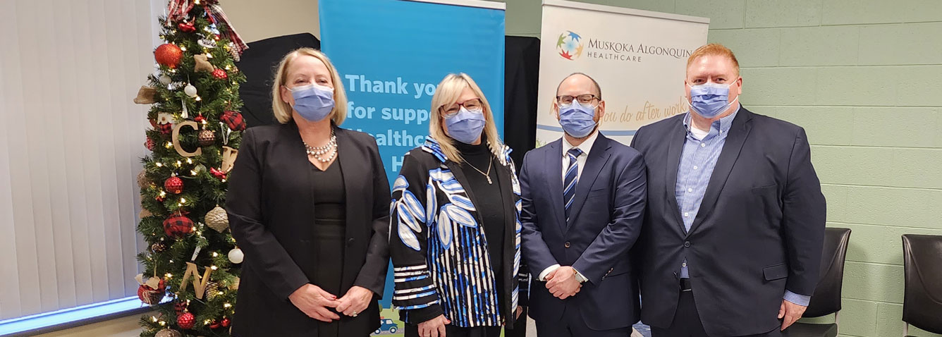 From left, Huntsville Hospital Foundation CEO Katherine Craine, MAHC President & CEO Cheryl Harrison, Director & Chief of Diagnostic Imaging Jason Blaichman, and Parry Sound-Muskoka MPP Graydon Smith.