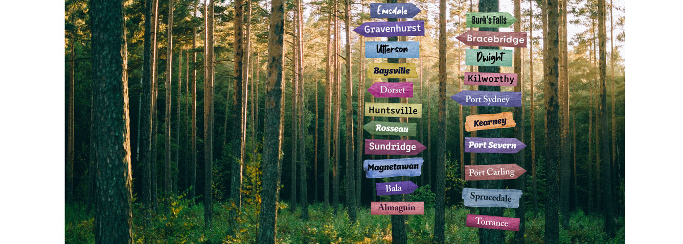 Names of communities served by Muskoka Algonquin Healthcare on sign on posts in a forest