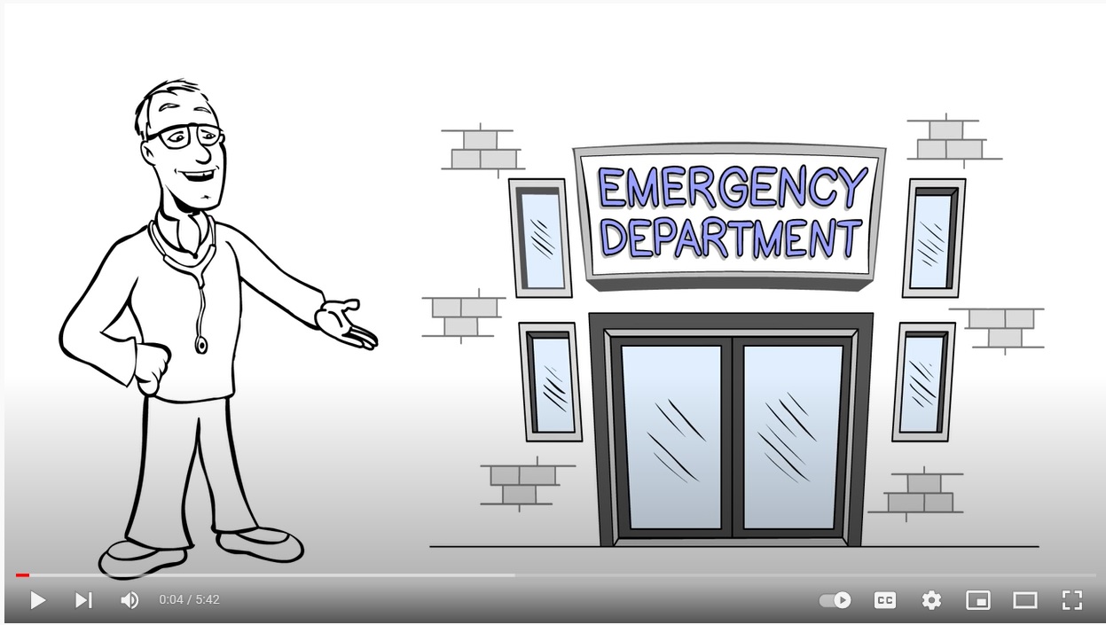 Cartoon man standing beside Emergency Department