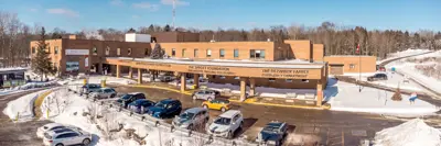 an aerial photo of Huntsville District Memorial Hospital in the winter